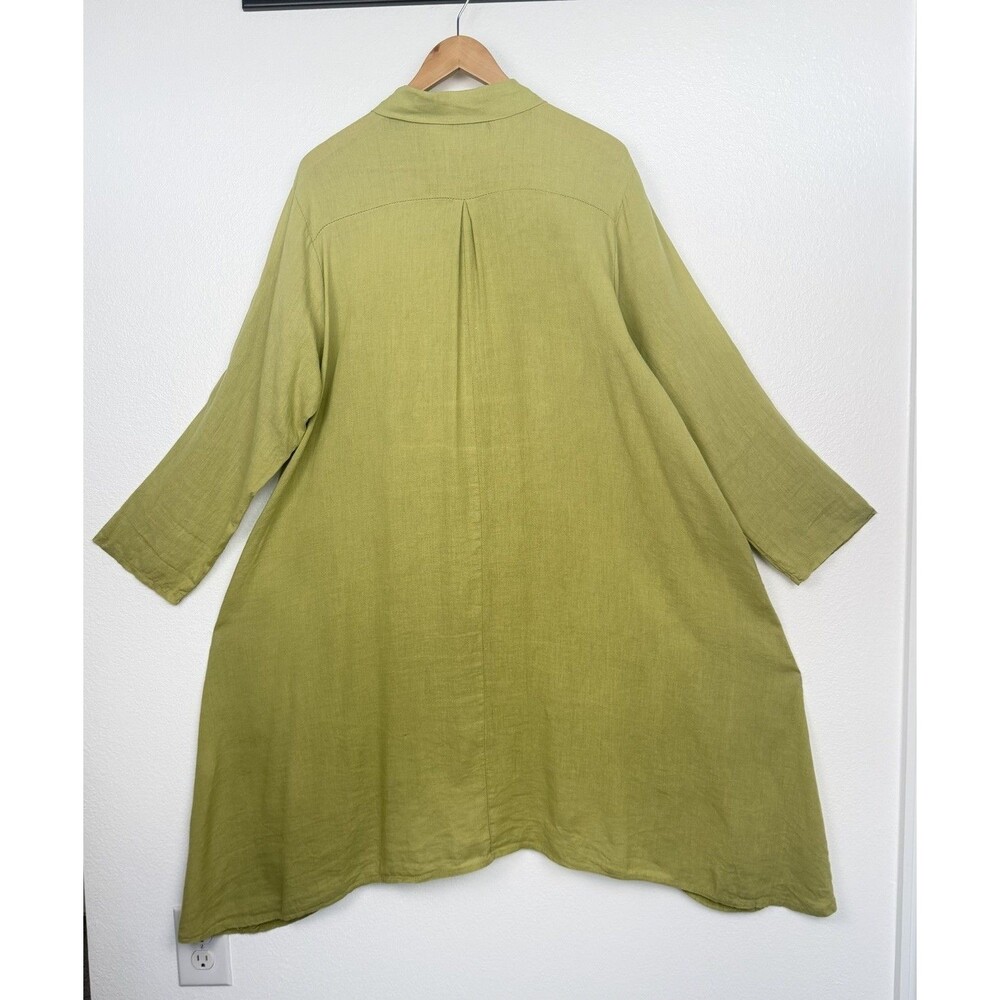 SAGA Green Linen Shirt Dress Pockets OS Lagenlook Long Sleeve Italy Made - Picture 5 of 14